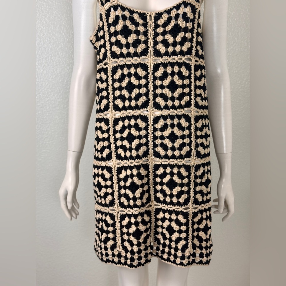 VICI Solana Patchwork Crochet Mini Cover Up Dress Black Ivory Sz X-Large E25 - Picture 6 of 15